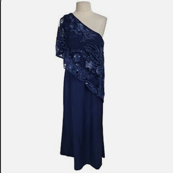 NWT Tahari by Arthur S Levine ONE SHOULDER LACE Evening NAVY GOWN - Size 12 - Picture 1 of 8